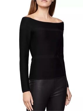 REISS Black Marissa Textured Off-the-Shoulder Top Long Sleeve Sweater Minimalist